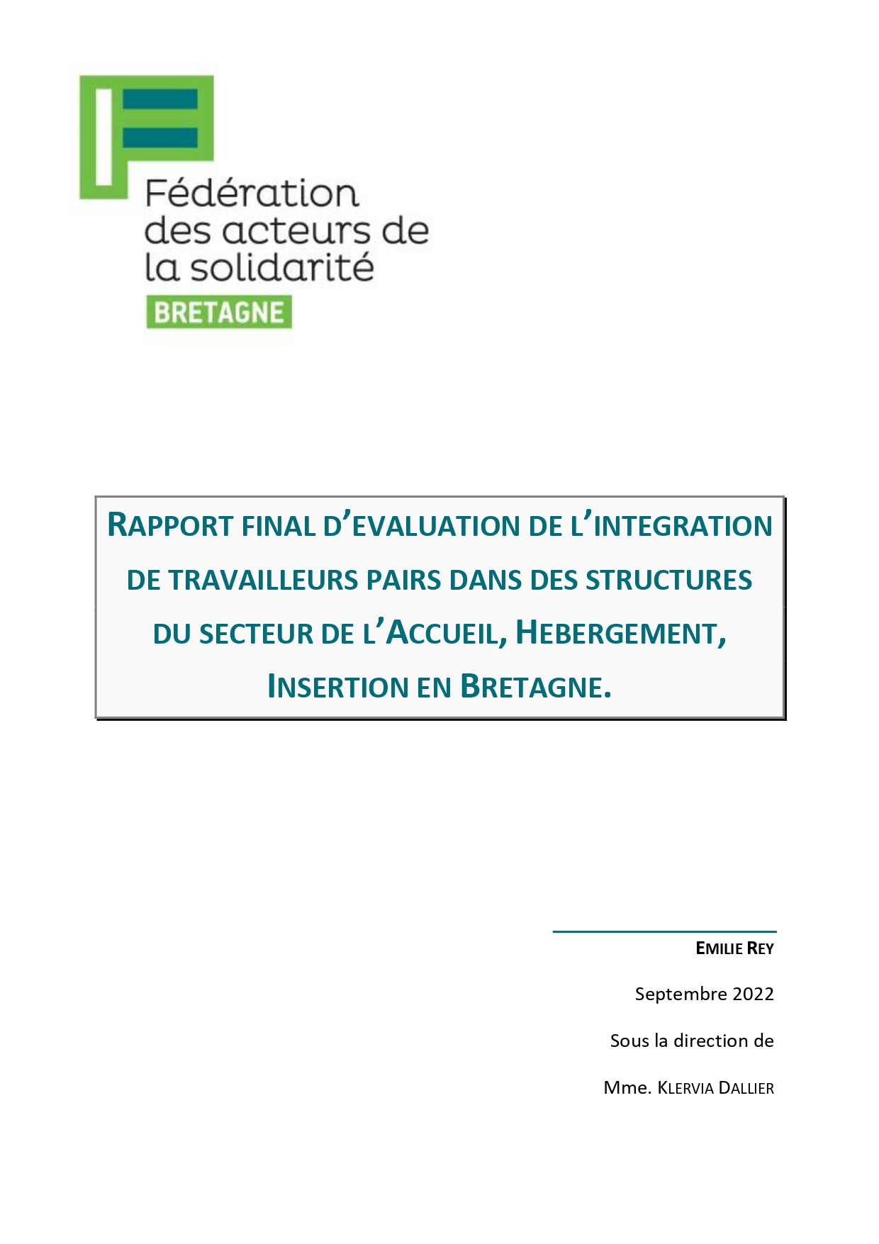 Rapport d'évaluation - intégration de travailleurs pairs dans des structures du secteur de l'AHI Bretonnes